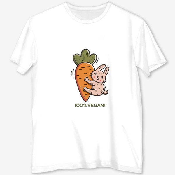 Футболка с полной запечаткой «Милый заяц обнимает морковку. Надпись. 100% vegan! Подарок вегану»