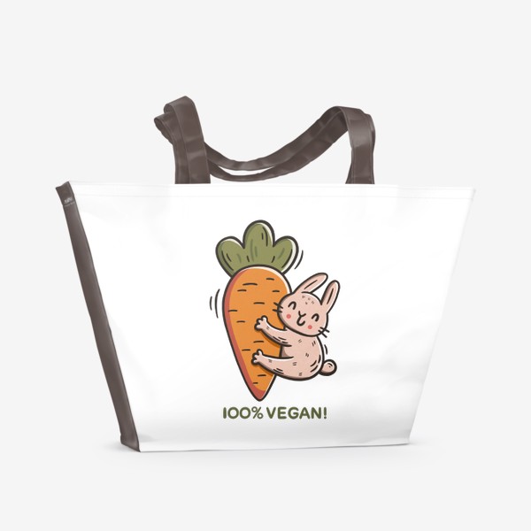 Пляжная сумка «Милый заяц обнимает морковку. Надпись. 100% vegan! Подарок вегану»