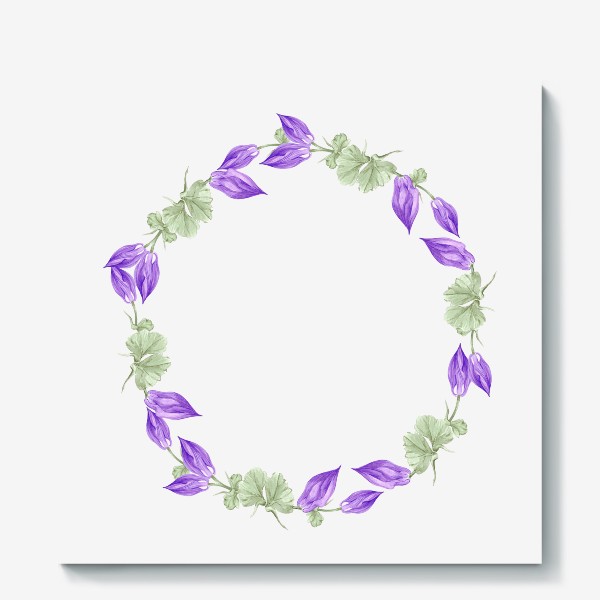 Холст «Фиолетовая аквилегия. Акварельные цветы. Венок. Открытка.»