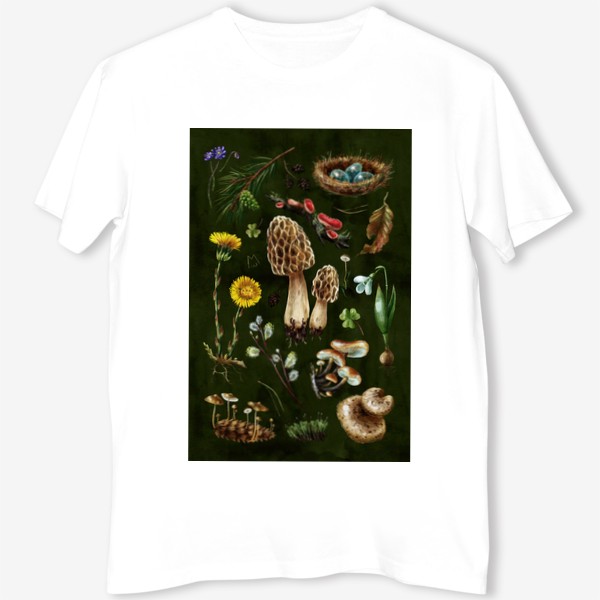 Футболка «Разные лесные грибы, цветы, травы, весенние растения, природа, ботаническая иллюстрация, гербарий, растительный принт»
