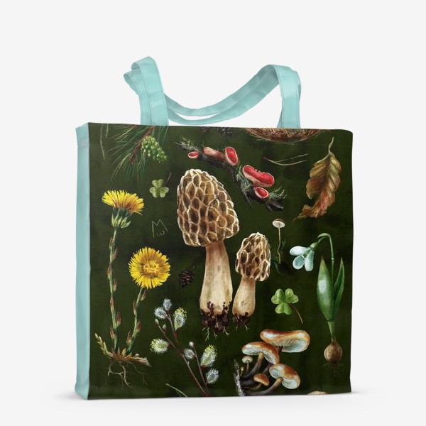 Сумка-шоппер &laquo;Разные лесные грибы, цветы, травы, весенние растения, природа, ботаническая иллюстрация, гербарий, растительный принт&raquo;