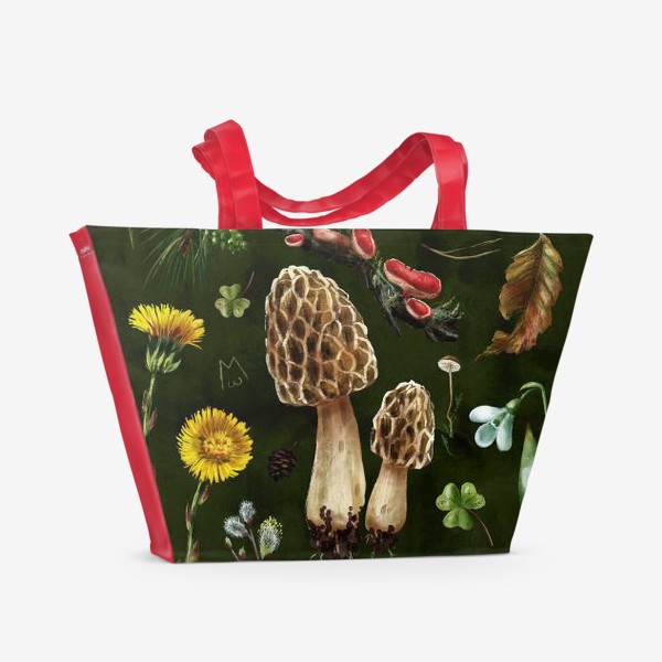 Пляжная сумка «Разные лесные грибы, цветы, травы, весенние растения, природа, ботаническая иллюстрация, гербарий, растительный принт»
