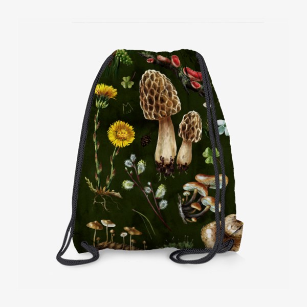 Рюкзак «Разные лесные грибы, цветы, травы, весенние растения, природа, ботаническая иллюстрация, гербарий, растительный принт»
