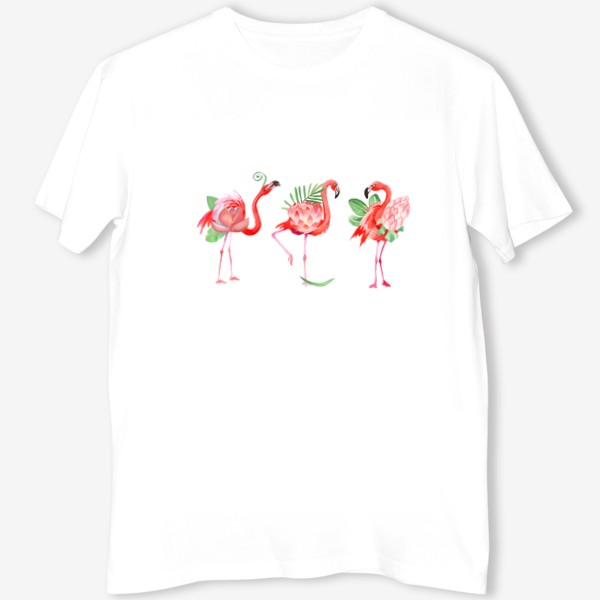 Футболка &laquo;Красивые розовые фламинго в виде тропических цветов с листьями пальмы, прикольный летний принт, акварельные птицы&raquo;