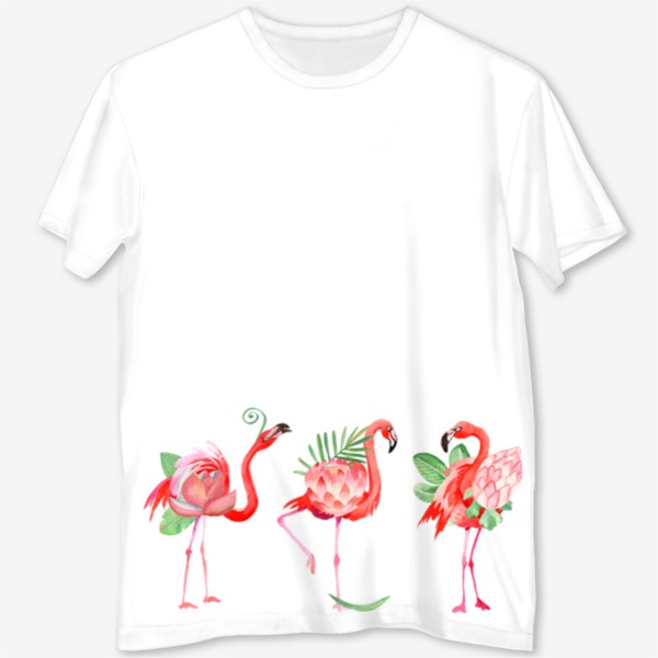 Футболка с полной запечаткой &laquo;Красивые розовые фламинго в виде тропических цветов с листьями пальмы, прикольный летний принт, акварельные птицы&raquo;