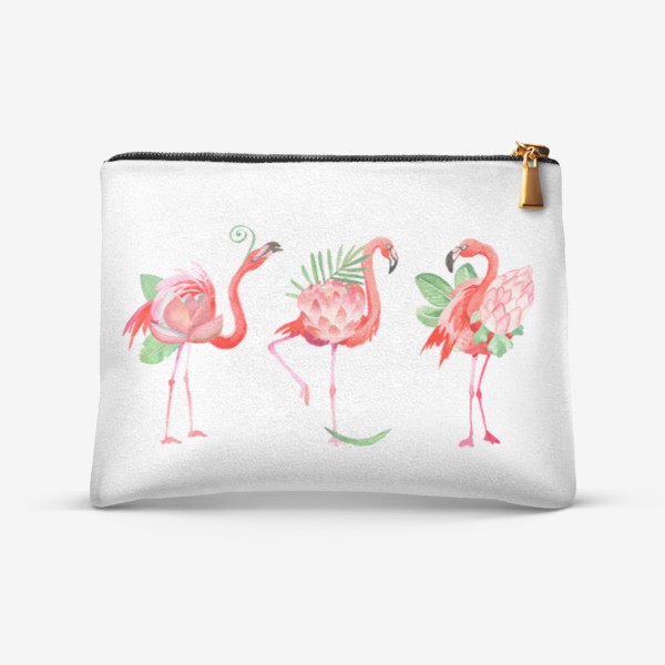 Косметичка «Красивые розовые фламинго в виде тропических цветов с листьями пальмы, прикольный летний принт, акварельные птицы»