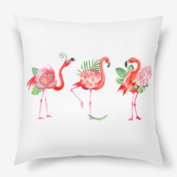 Подушка «Красивые розовые фламинго в виде тропических цветов с листьями пальмы, прикольный летний принт, акварельные птицы»