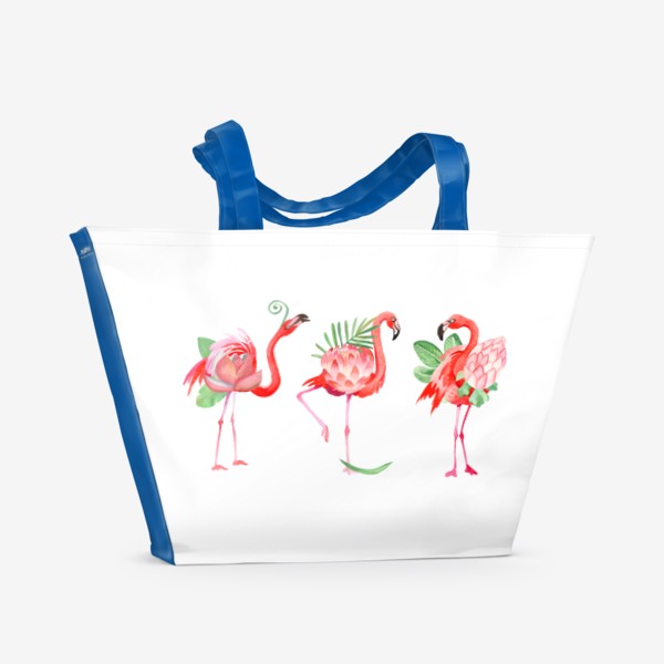 Пляжная сумка «Красивые розовые фламинго в виде тропических цветов с листьями пальмы, прикольный летний принт, акварельные птицы»