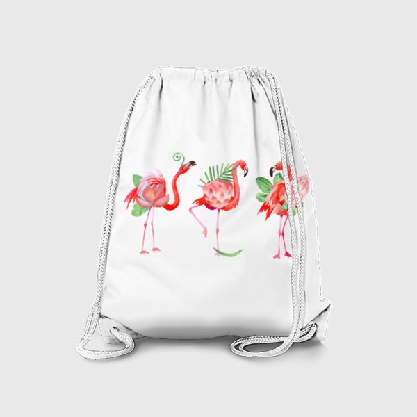 Рюкзак «Красивые розовые фламинго в виде тропических цветов с листьями пальмы, прикольный летний принт, акварельные птицы»