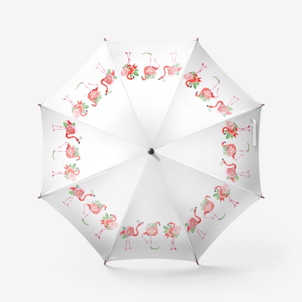 Зонт «Красивые розовые фламинго в виде тропических цветов с листьями пальмы, прикольный летний принт, акварельные птицы»