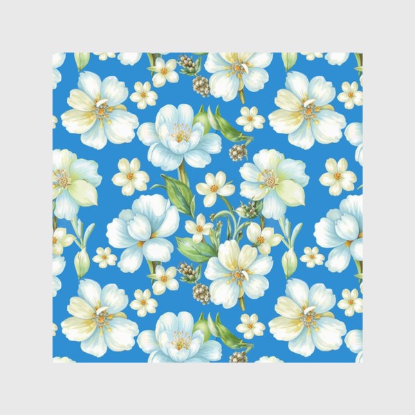 Скатерть «Белые цветы на голубом фоне»