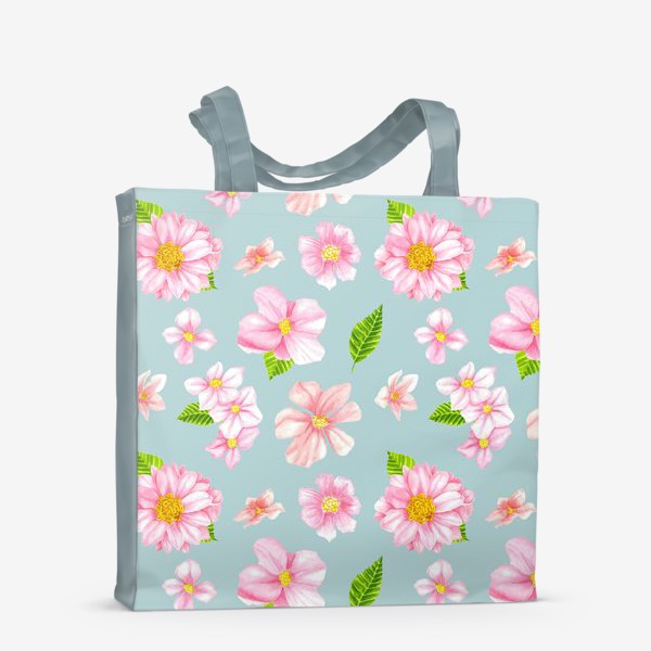 Сумка-шоппер «Розовые цветы на серо-зеленом фоне»