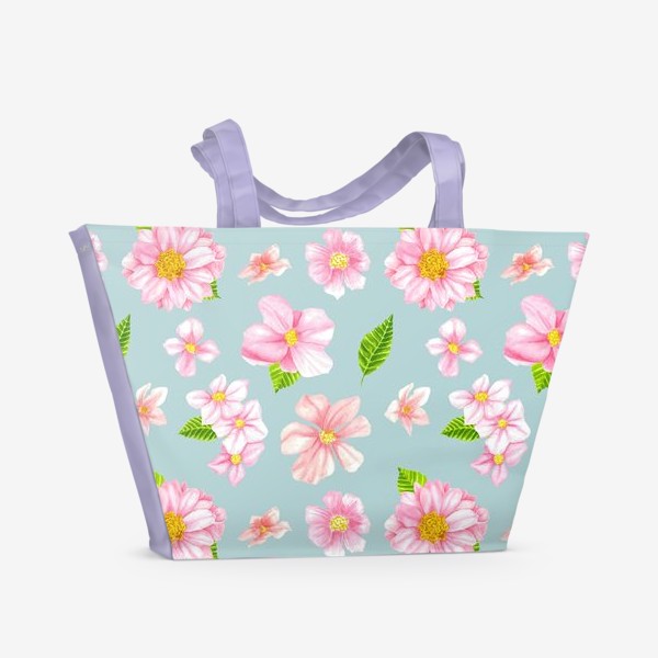 Пляжная сумка «Розовые цветы на серо-зеленом фоне»