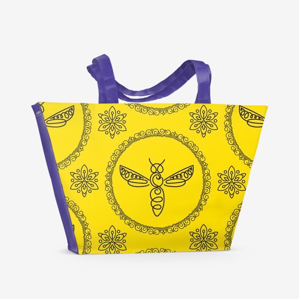 Пляжная сумка «Пчелы в венках. Черное на желтом. Пасека, насекомые, мед.»