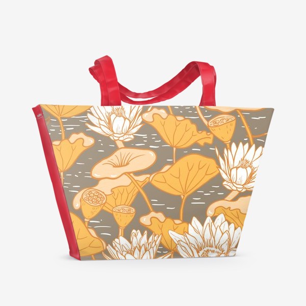 Пляжная сумка «Болотные лотосы цветущие в озере. Коричневый, охра, бежевый. Цветы природы и земли»