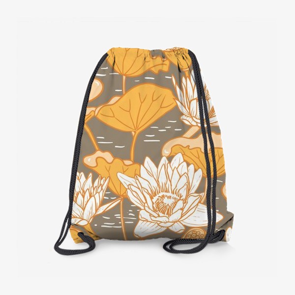 Рюкзак «Болотные лотосы цветущие в озере. Коричневый, охра, бежевый. Цветы природы и земли»