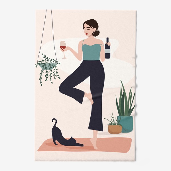 Полотенце «Девушка с котом и бокалом вина занимается йогой»