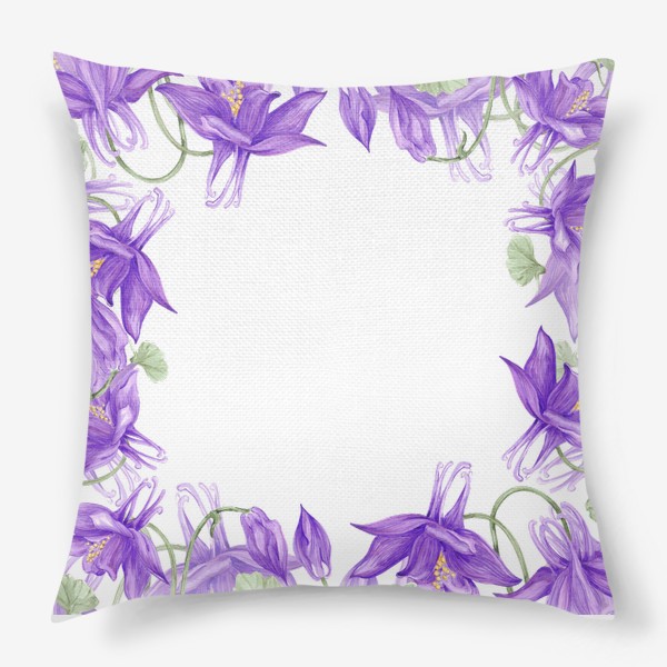 Подушка «Фиолетовая аквилегия. Акварельные цветы. Венок. Открытка.»