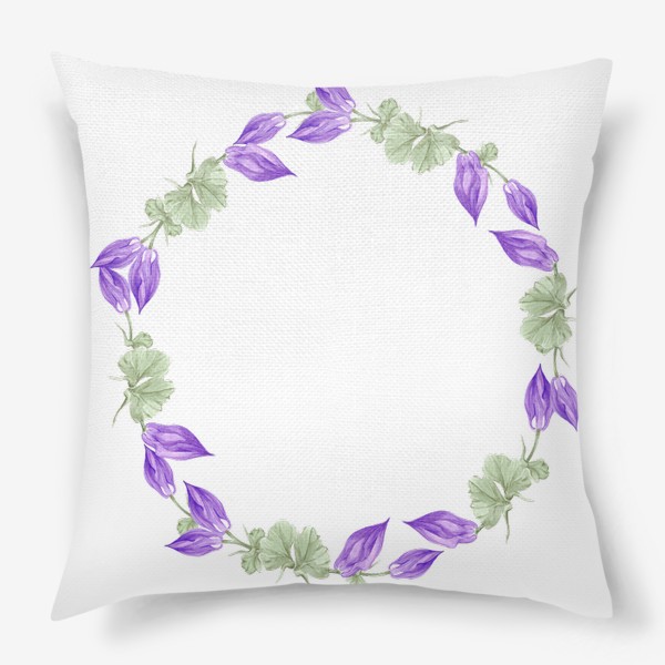 Подушка «Фиолетовая аквилегия. Акварельные цветы. Венок. Открытка.»