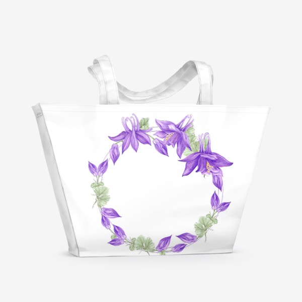 Пляжная сумка «Фиолетовая аквилегия. Акварельные цветы. Венок. Открытка.»