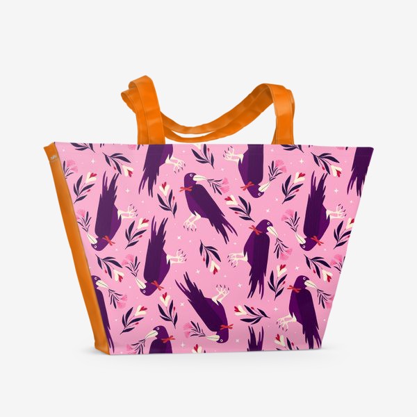 Пляжная сумка «розовый паттерн с воронами»