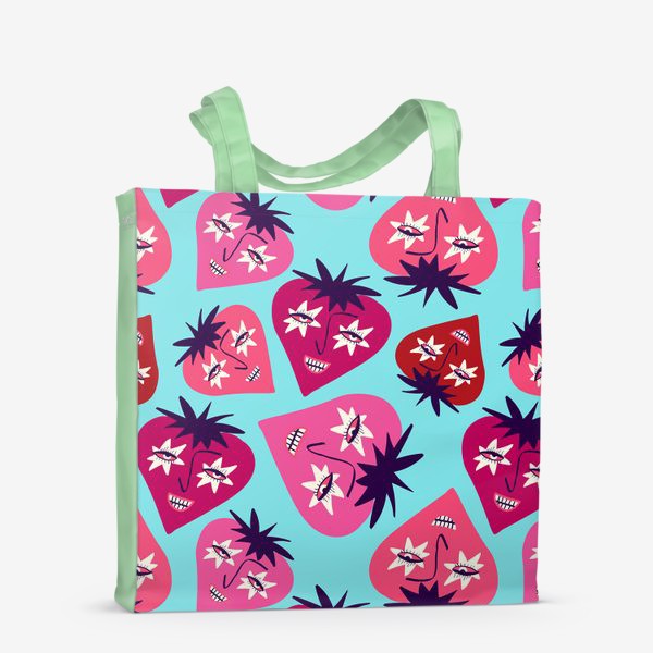 Сумка-шоппер «Голубой паттерн с розовыми забавными ягодками»