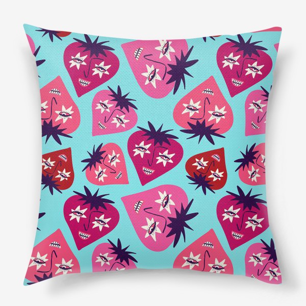Подушка «Голубой паттерн с розовыми забавными ягодками»