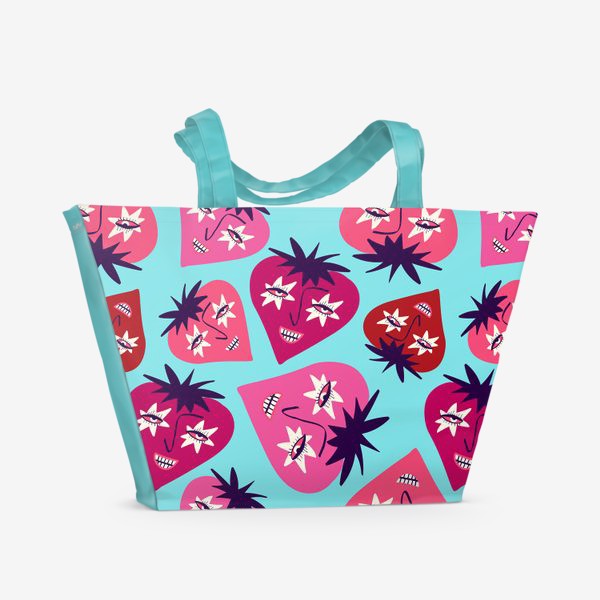 Пляжная сумка «Голубой паттерн с розовыми забавными ягодками»