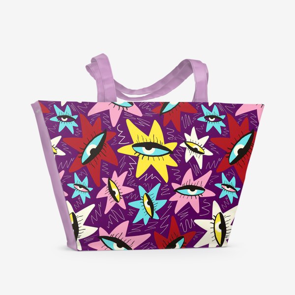Пляжная сумка «Фиолетовый паттерн с глазами в стиле диско»