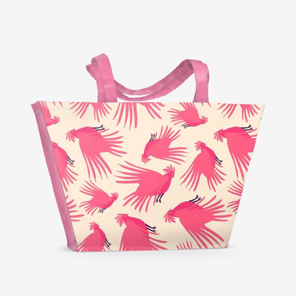Пляжная сумка «Бежевый паттерн с розовыми попугаями»