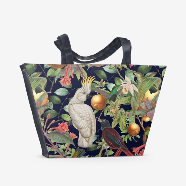 Пляжная сумка «Сочный паттерн с птицами и цветами »