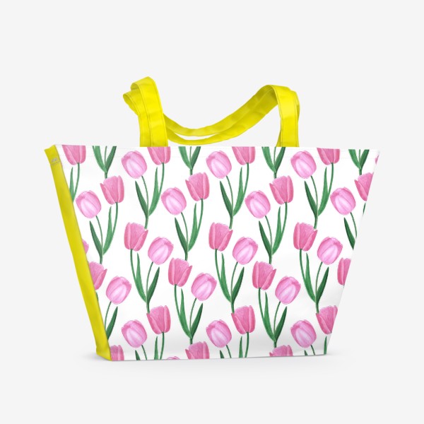 Пляжная сумка «Розовые тюльпаны. Букет акварельных цветов.»