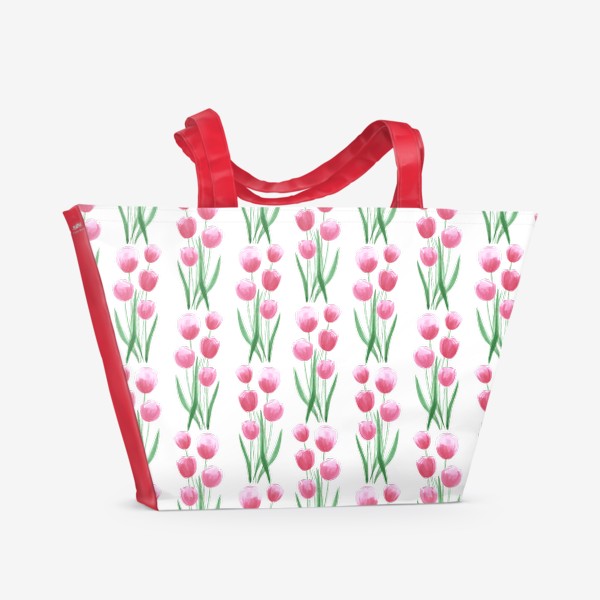 Пляжная сумка «Розовые тюльпаны. Букет акварельных цветов.»