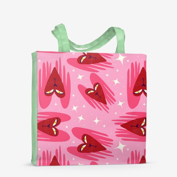 Сумка-шоппер «розовый паттерн с красными сердцами ангелами»