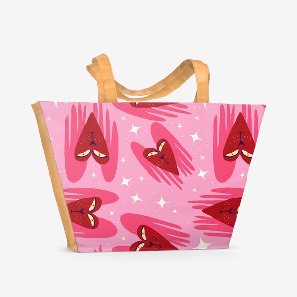 Пляжная сумка «розовый паттерн с красными сердцами ангелами»