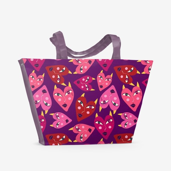 Пляжная сумка «Фиолетовый паттерн с дьявольскими сердцами»