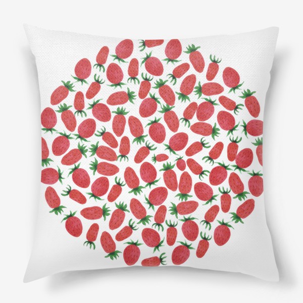 Подушка «Сочные ягоды земляники. Красный паттерн в форме круга.»