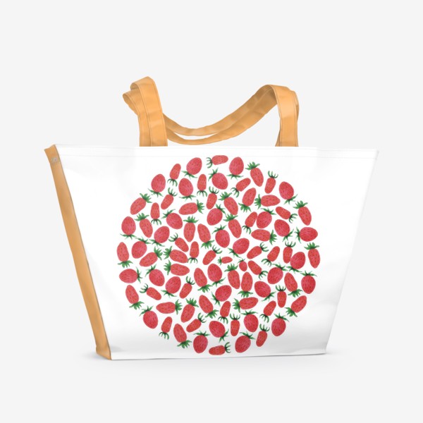 Пляжная сумка «Сочные ягоды земляники. Красный паттерн в форме круга.»