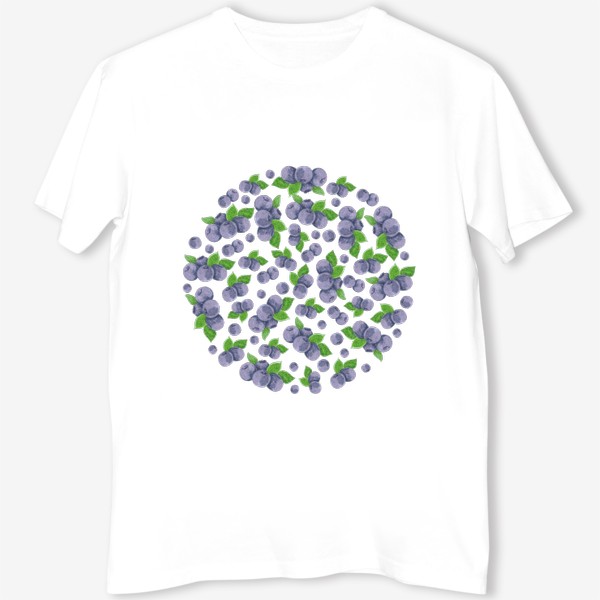 Футболка «Сочные ягоды голубики с зелеными листьями. Паттерн в форме круга.»