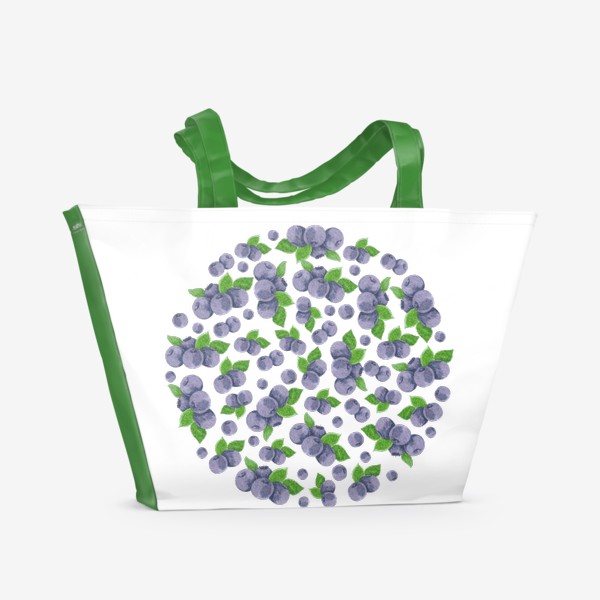 Пляжная сумка «Сочные ягоды голубики с зелеными листьями. Паттерн в форме круга.»