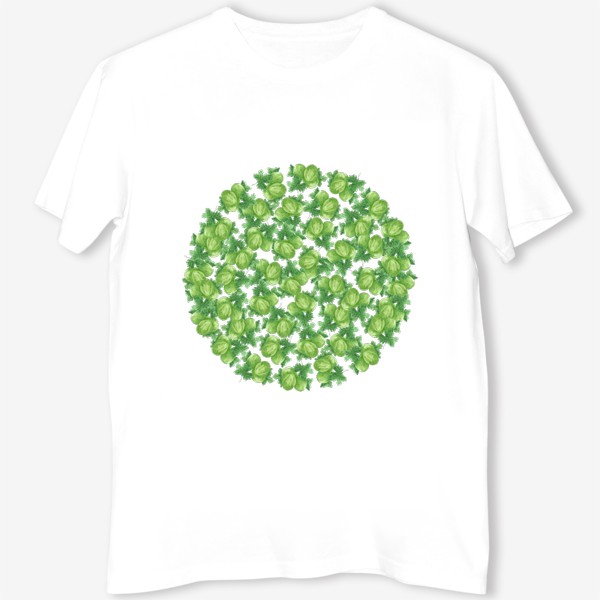 Футболка «Сочные ягоды крыжовника на ветке с зелеными листьями. Паттерн в форме круга.»