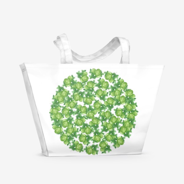 Пляжная сумка «Сочные ягоды крыжовника на ветке с зелеными листьями. Паттерн в форме круга.»
