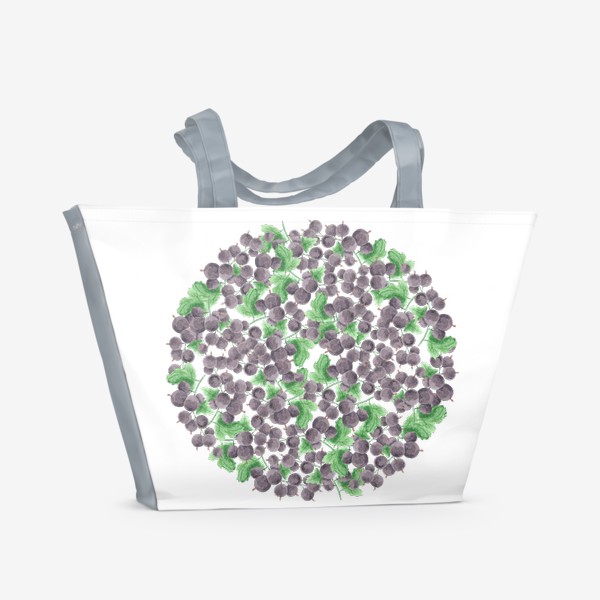 Пляжная сумка «Сочные ягоды смородины на ветке с зелеными листьями. Паттерн в форме круга.»
