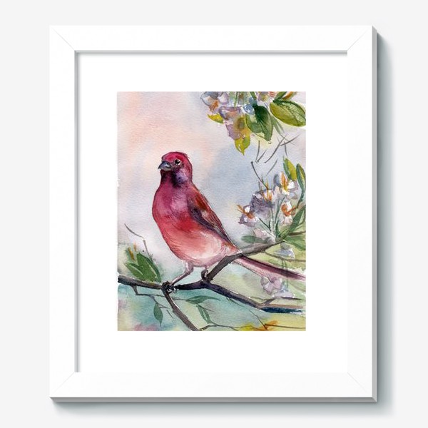 Картина «Красно-розовая птичка на ветке с цветами»