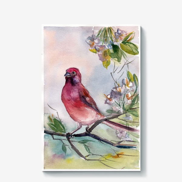 Холст &laquo;Красно-розовая птичка на ветке с цветами&raquo;