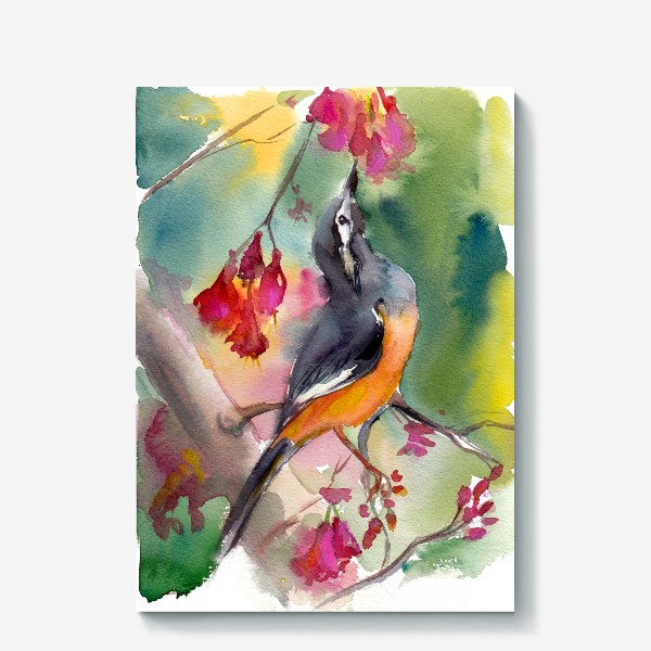 Холст «Птичка с оранжевой грудкой на ветке»