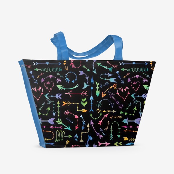 Пляжная сумка «Яркие разноцветные акварельные стрелки на черном фоне»
