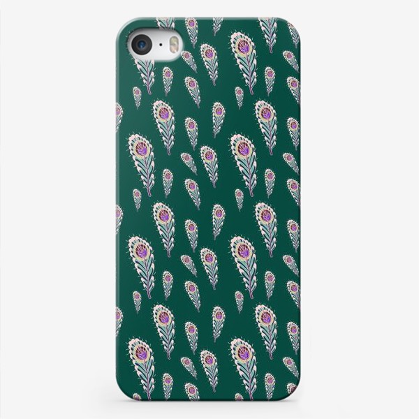 Чехол iPhone «Расписные перья павлинов на зеленом фоне»