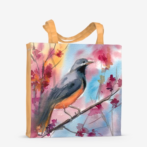 Сумка-шоппер «Яркая птица на ветке в цветах»