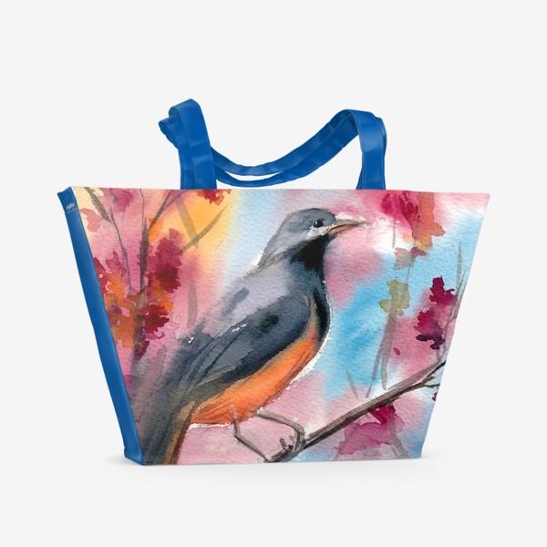Пляжная сумка &laquo;Яркая птица на ветке в цветах&raquo;
